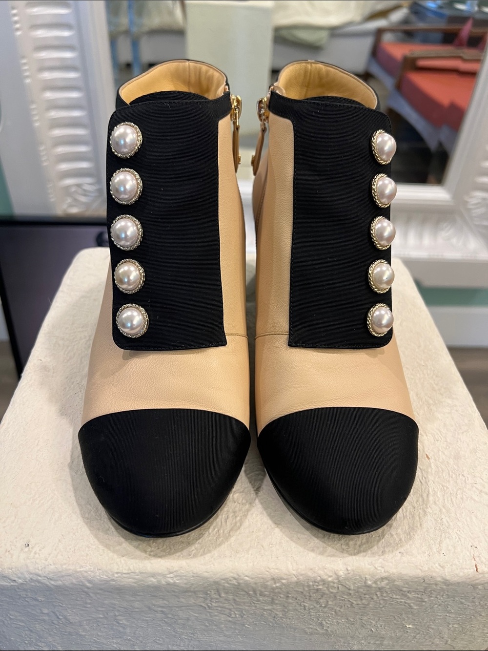 CHANEL Two-Tone Pearl-Button Ankle Boots - Beige & Black